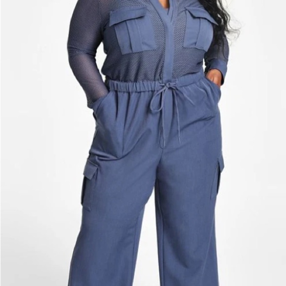 Nina Parker Blue Jumpsuit Mesh Top with Pockets 20W